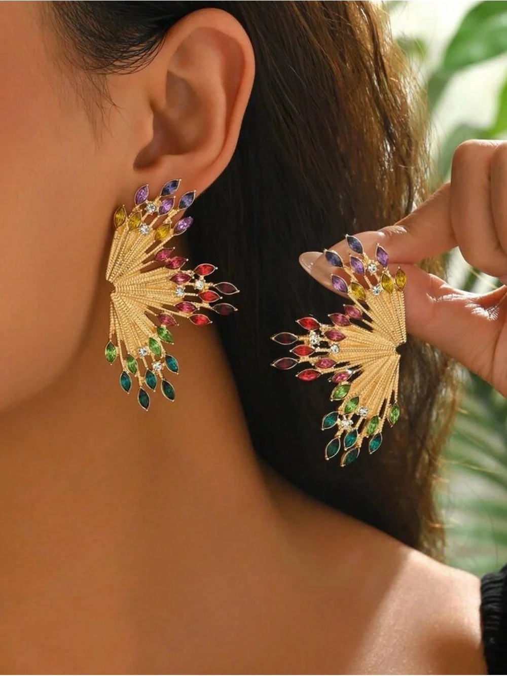 Colorful Rhinestone Starburst Fan Gold Earrings Statement Jewelry Art Deco NEW